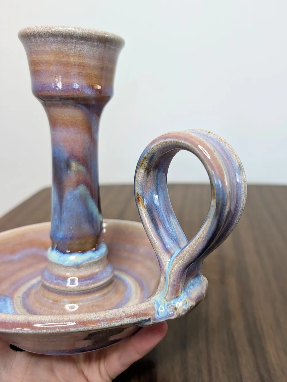 Light Purple, Blue, Tan Handmade Studio Pottery Ceramic Chamber Candle Holder